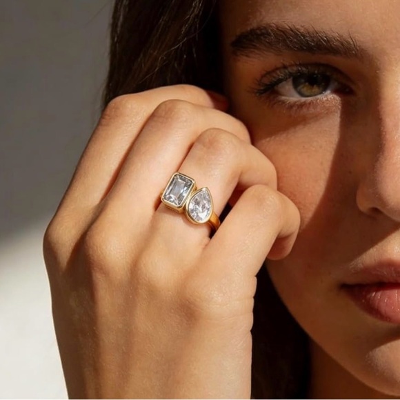 Gold Two-Stone Cubic Zirconia Open Ring - Women's Jewelry - Picture 2 of 5